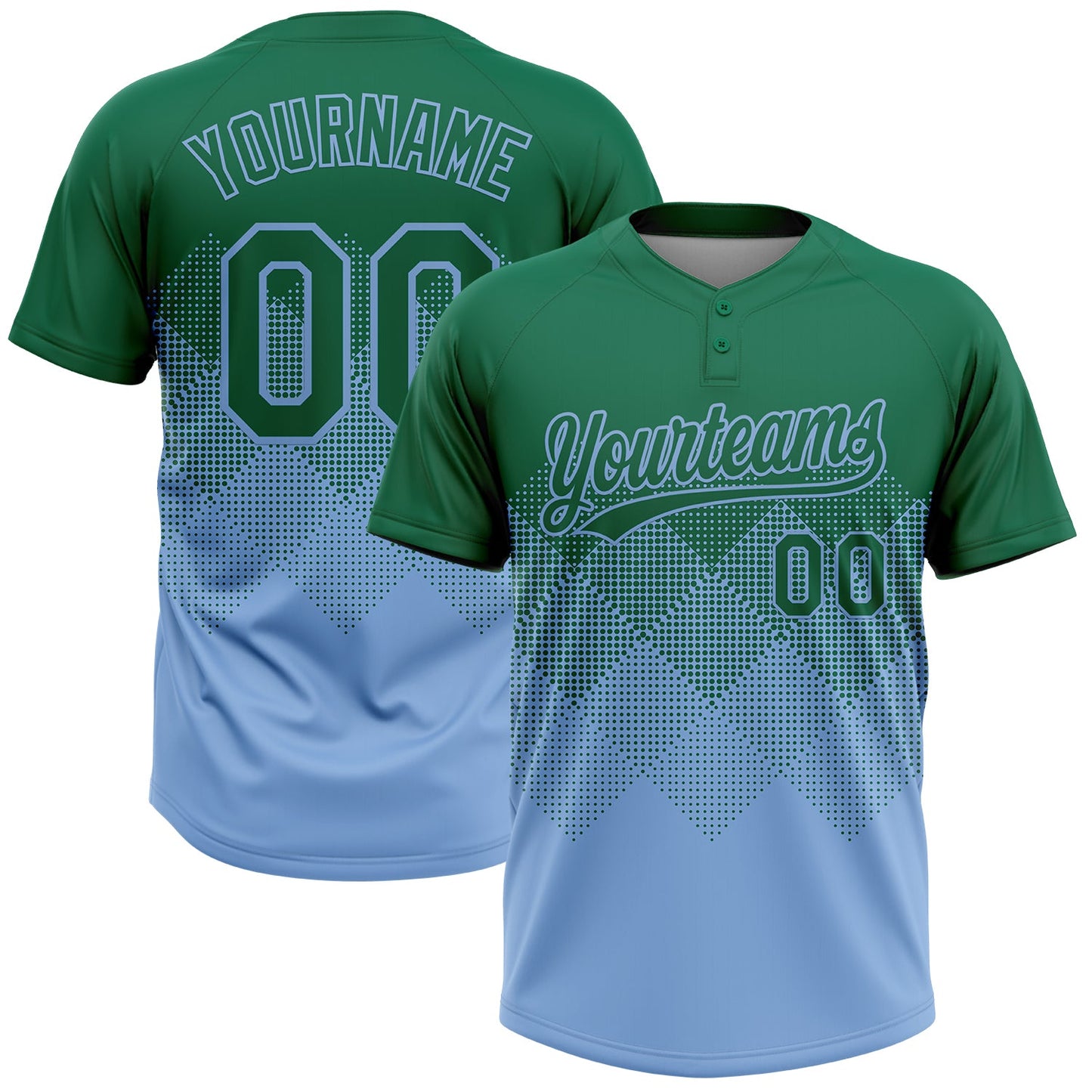 Custom Kelly Green Light Blue 3D Gradient Square Shape Two-Button Unisex Softball Jersey - Main View