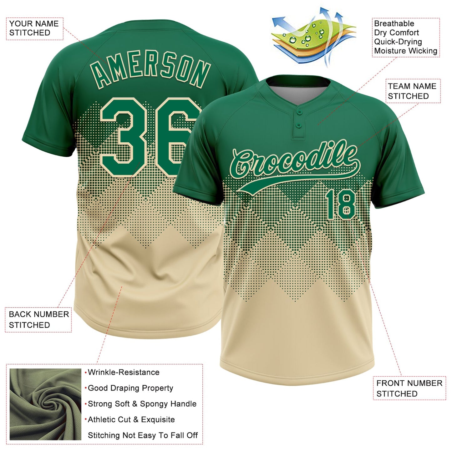 Custom Kelly Green Cream 3D Gradient Square Shape Two-Button Unisex Softball Jersey view 3