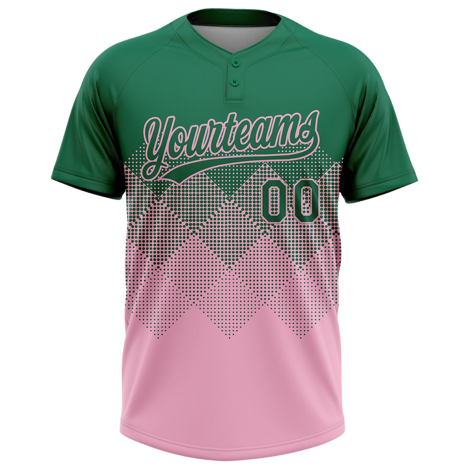 Custom Kelly Green Light Pink 3D Gradient Square Shape Two-Button Unisex Softball Jersey view 2
