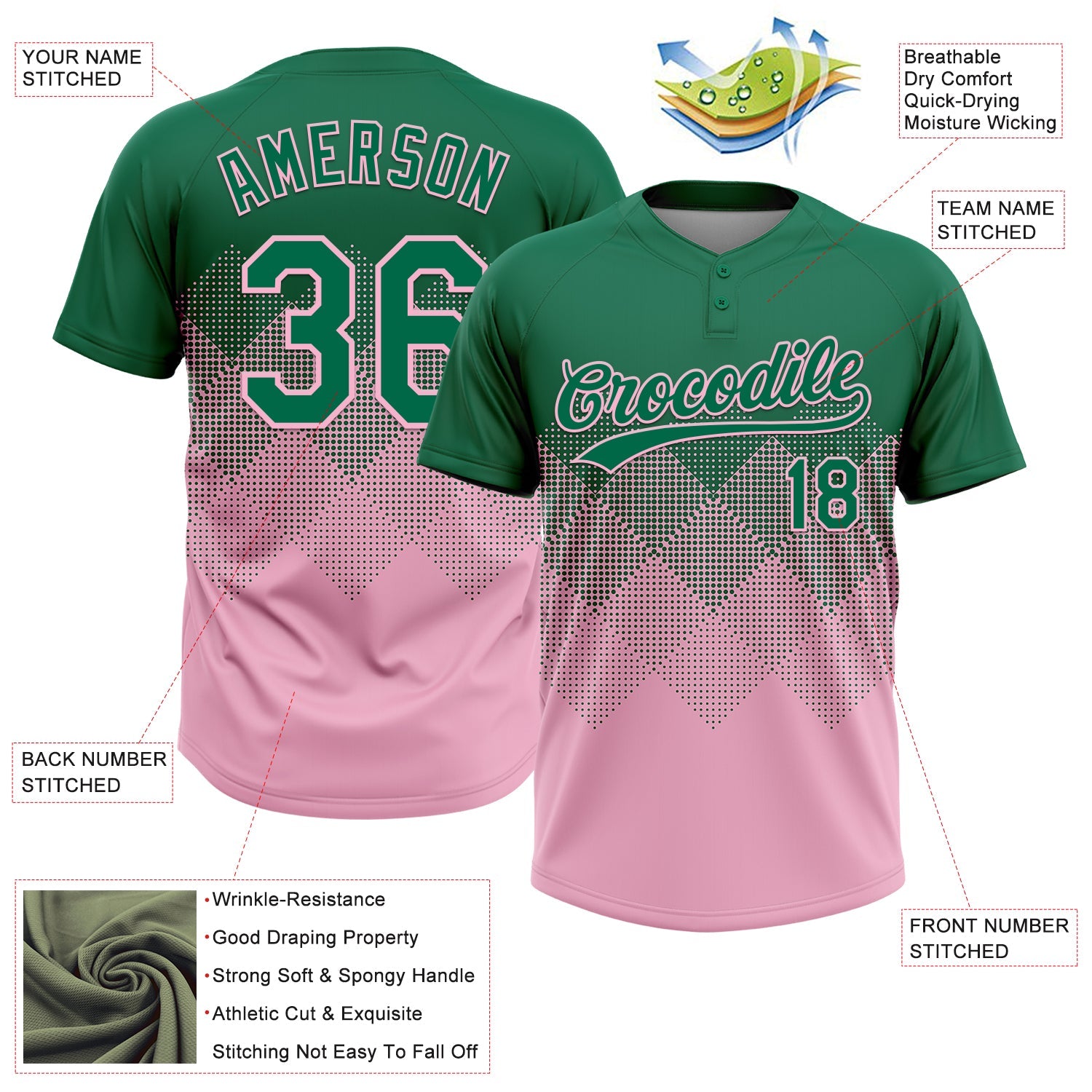 Custom Kelly Green Light Pink 3D Gradient Square Shape Two-Button Unisex Softball Jersey view 3