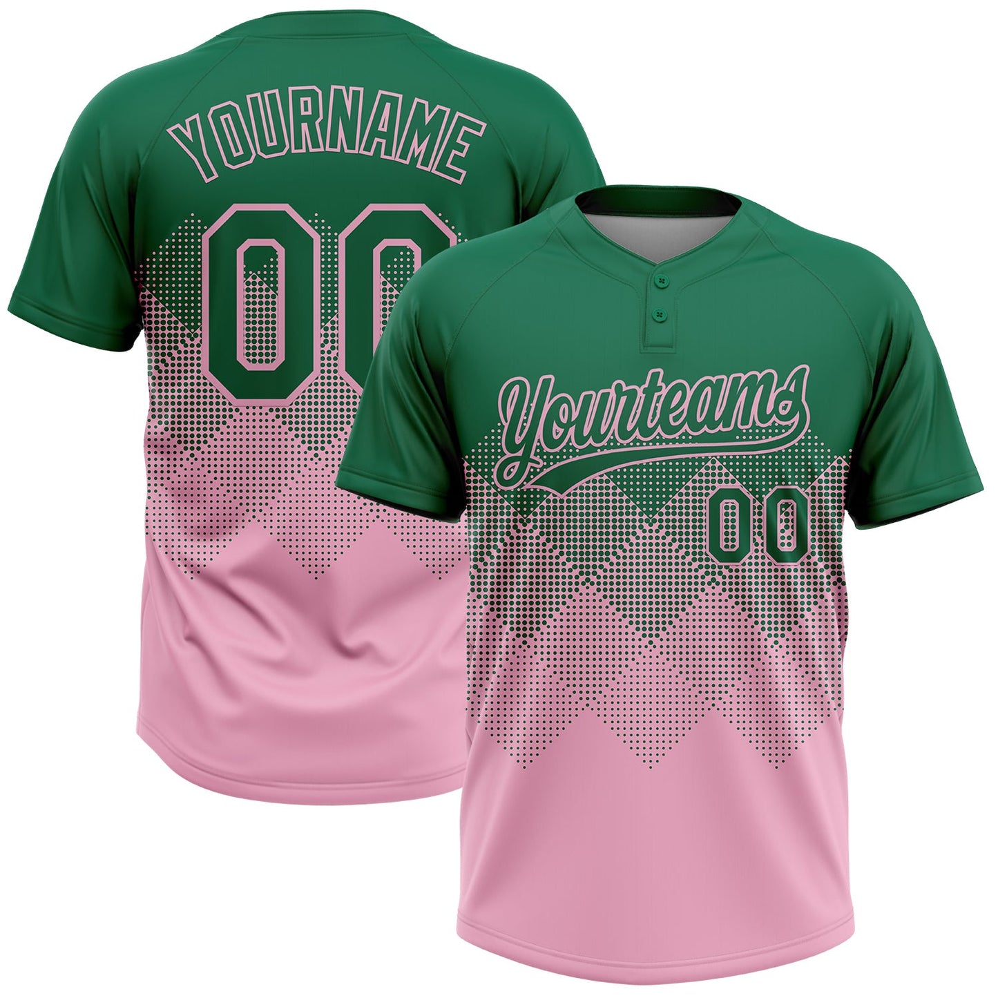 Custom Kelly Green Light Pink 3D Gradient Square Shape Two-Button Unisex Softball Jersey - Main View