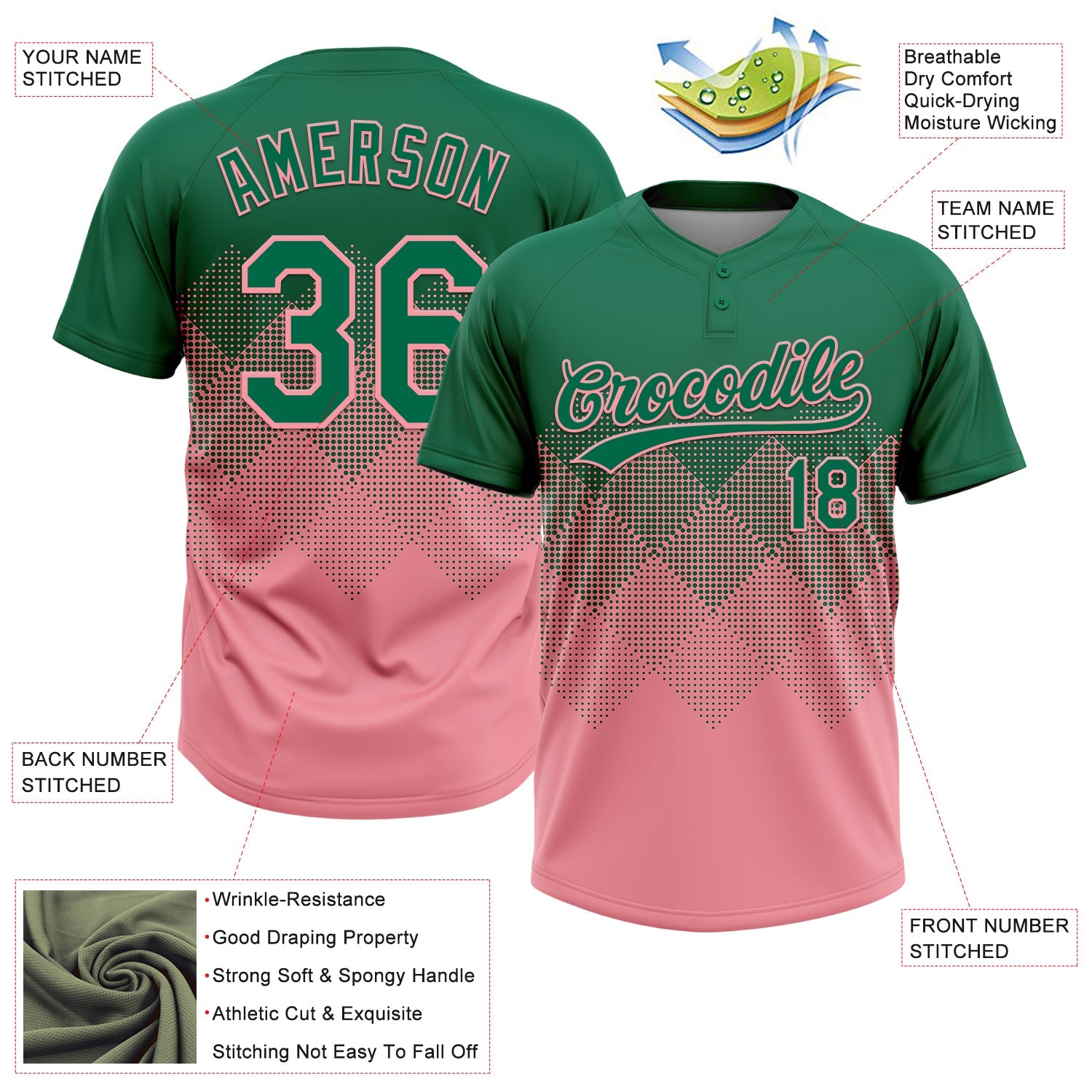 Custom Kelly Green Medium Pink 3D Gradient Square Shape Two-Button Unisex Softball Jersey view 3