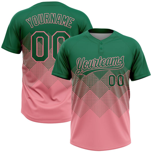 Custom Kelly Green Medium Pink 3D Gradient Square Shape Two-Button Unisex Softball Jersey - Main View