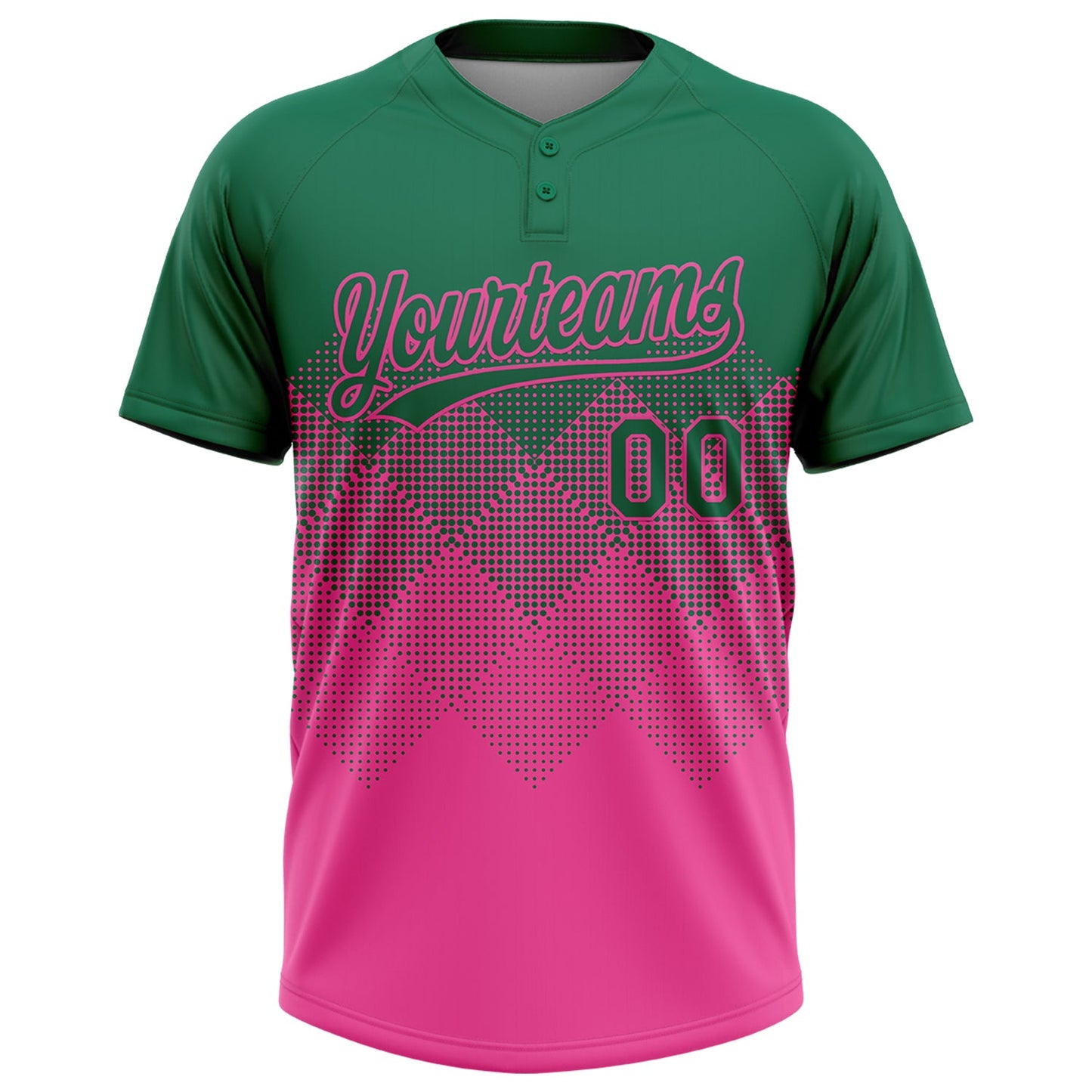Custom Kelly Green Pink 3D Gradient Square Shape Two-Button Unisex Softball Jersey view 2