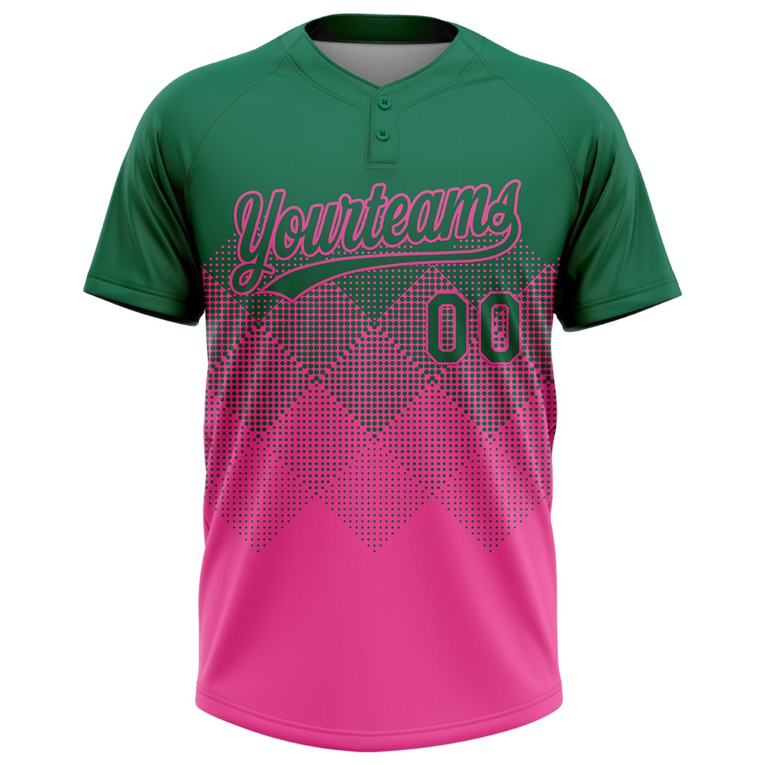 Custom Kelly Green Pink 3D Gradient Square Shape Two-Button Unisex Softball Jersey view 2