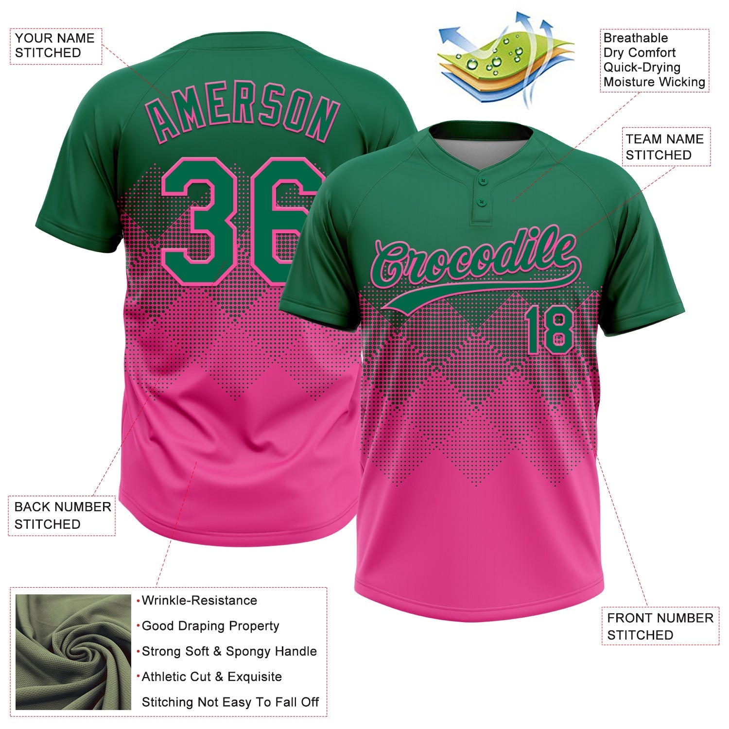 Custom Kelly Green Pink 3D Gradient Square Shape Two-Button Unisex Softball Jersey view 3