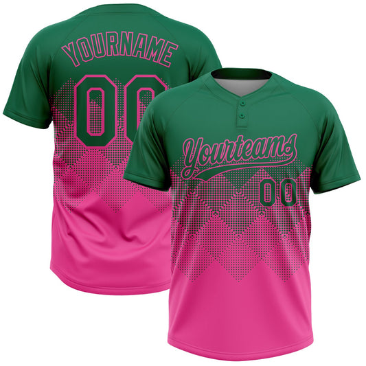 Custom Kelly Green Pink 3D Gradient Square Shape Two-Button Unisex Softball Jersey - Main View