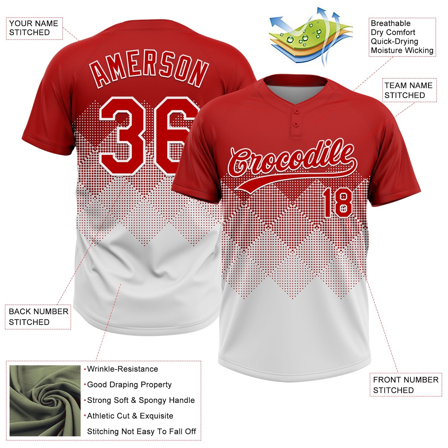 Custom Red White 3D Gradient Square Shape Two-Button Unisex Softball Jersey view 3