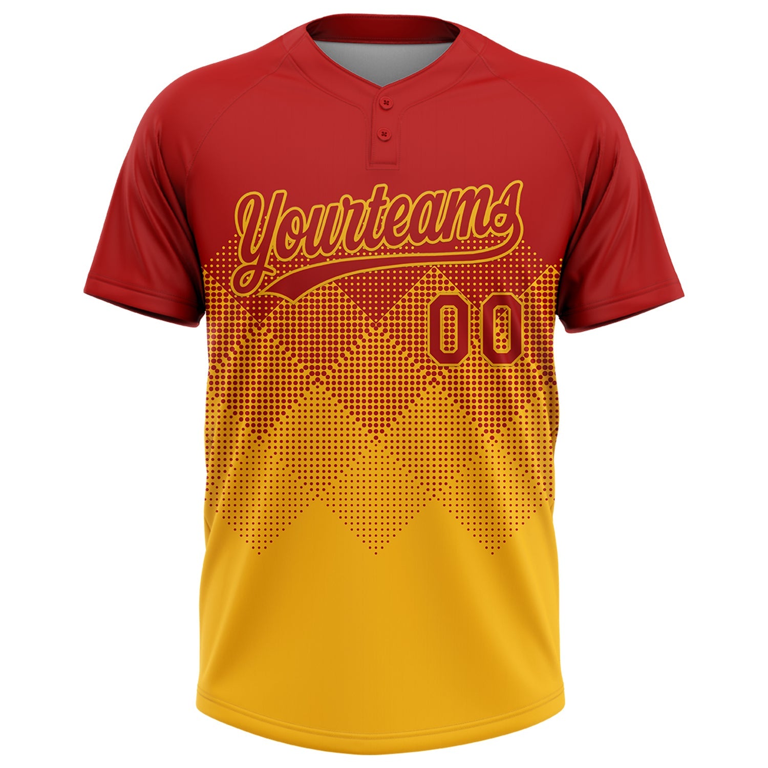 Custom Red Gold 3D Gradient Square Shape Two-Button Unisex Softball Jersey view 2