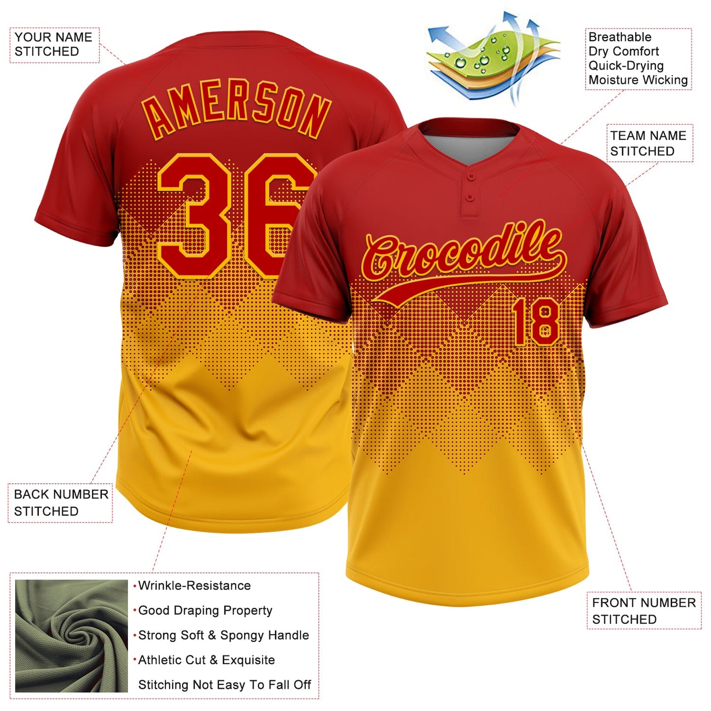 Custom Red Gold 3D Gradient Square Shape Two-Button Unisex Softball Jersey view 3