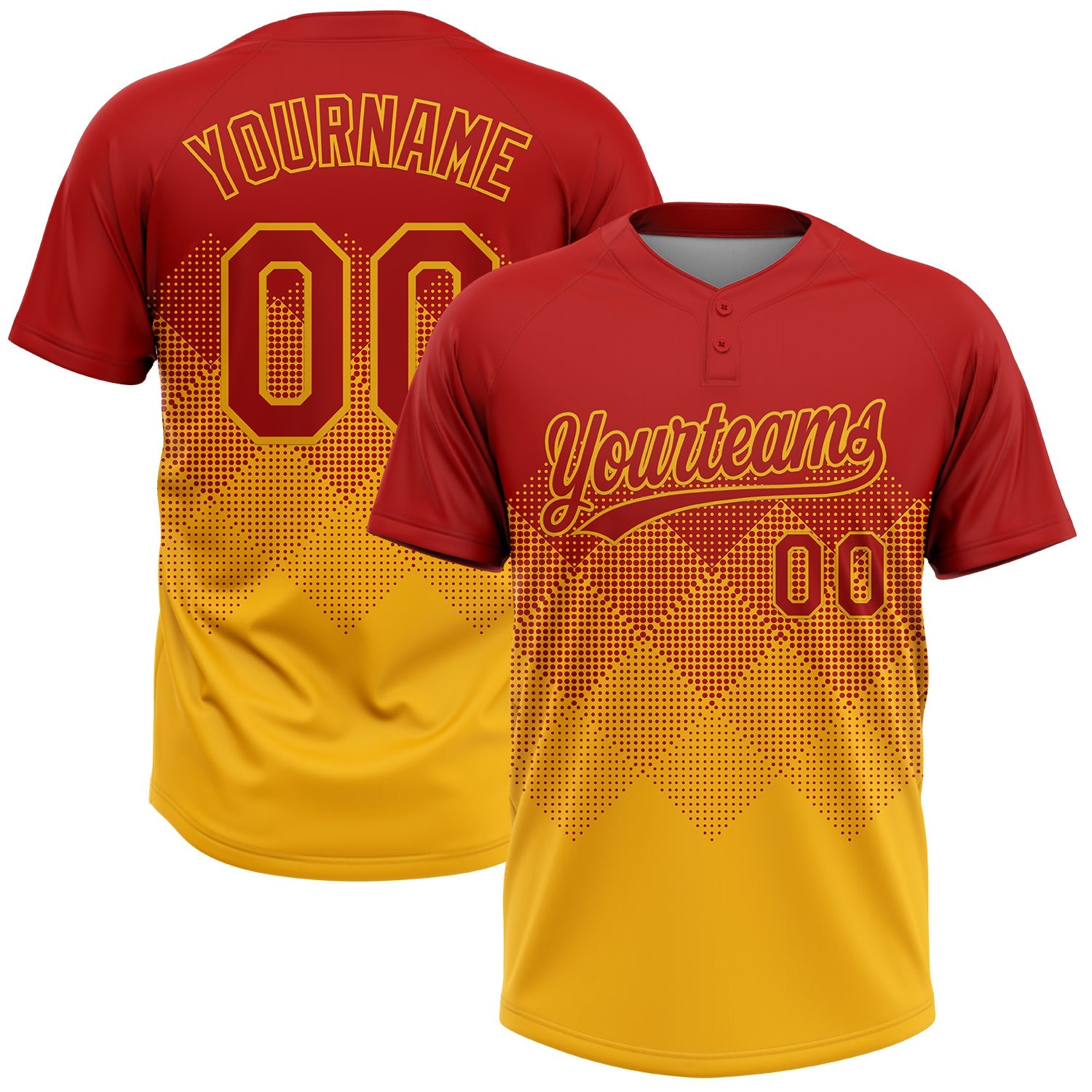 Custom Red Gold 3D Gradient Square Shape Two-Button Unisex Softball Jersey - Main View
