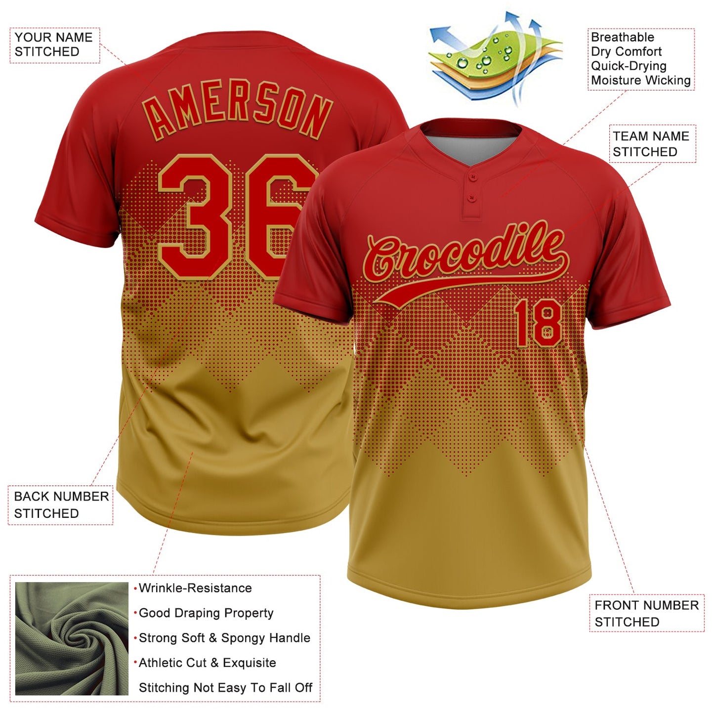 Custom Red Old Gold 3D Gradient Square Shape Two-Button Unisex Softball Jersey view 3