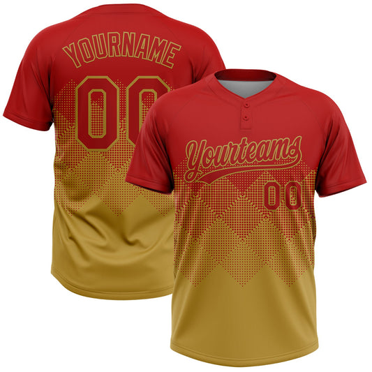 Custom Red Old Gold 3D Gradient Square Shape Two-Button Unisex Softball Jersey - Main View