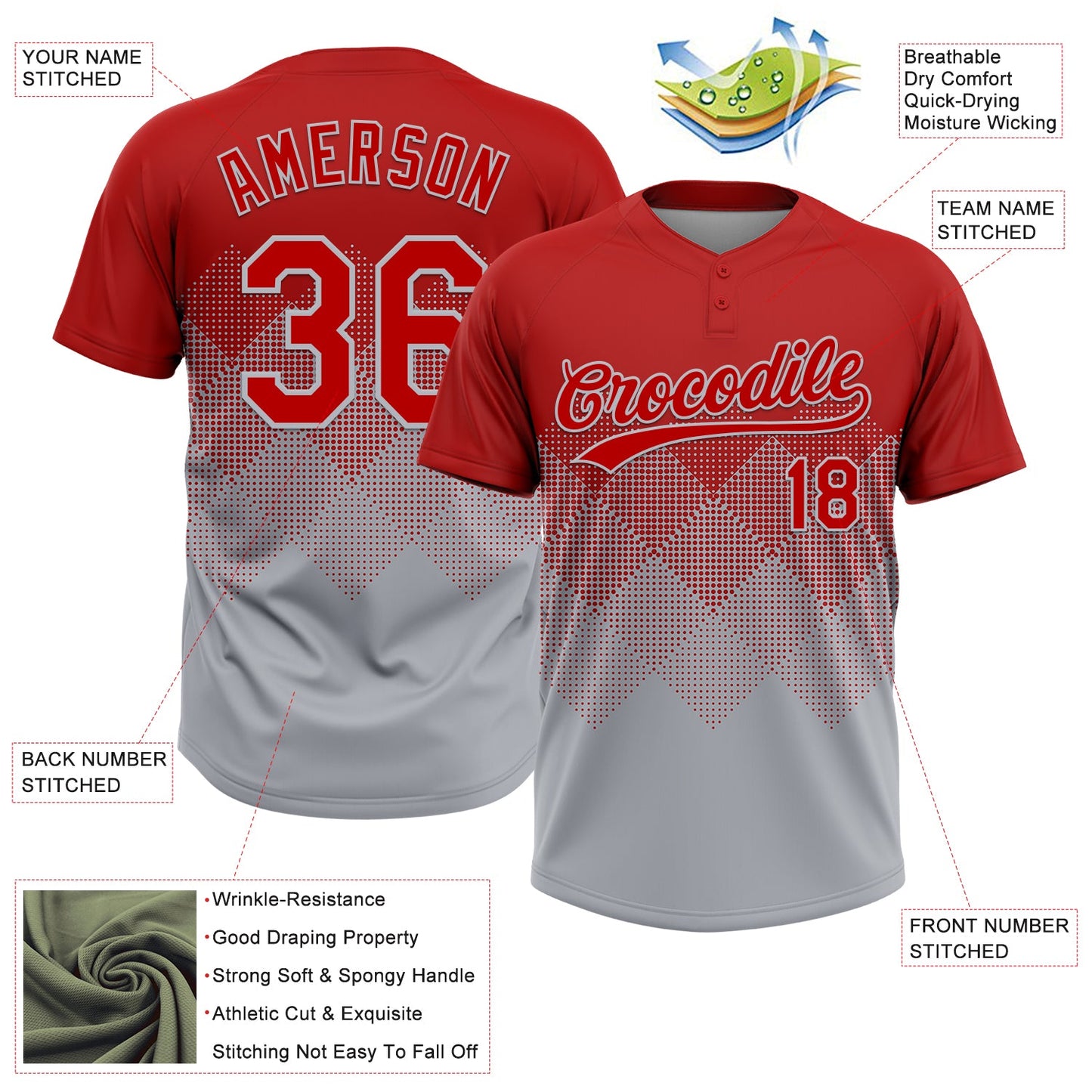 Custom Red Gray 3D Gradient Square Shape Two-Button Unisex Softball Jersey view 3