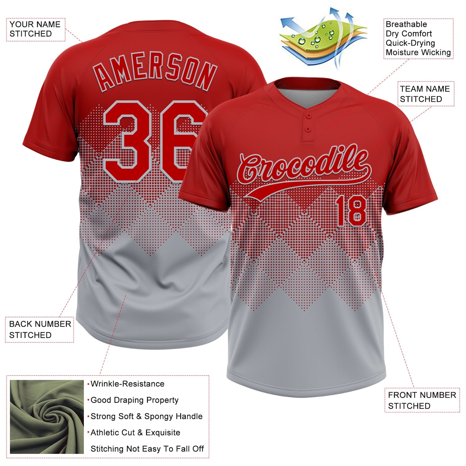 Custom Red Gray 3D Gradient Square Shape Two-Button Unisex Softball Jersey view 3