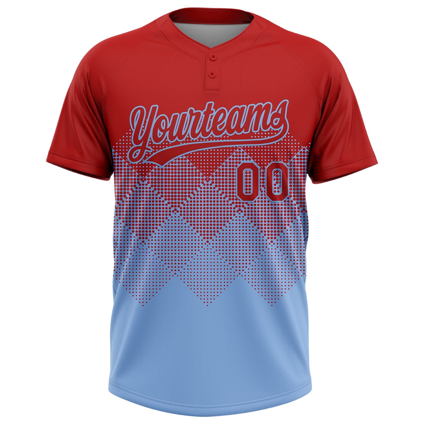 Custom Red Light Blue 3D Gradient Square Shape Two-Button Unisex Softball Jersey view 2