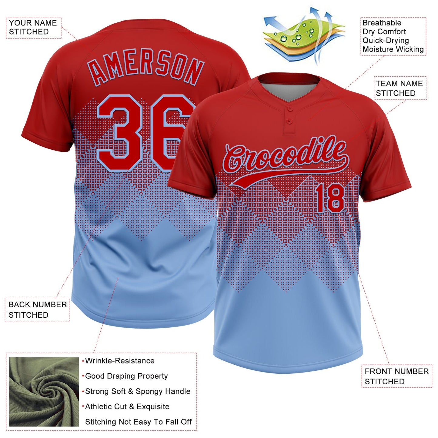 Custom Red Light Blue 3D Gradient Square Shape Two-Button Unisex Softball Jersey view 3