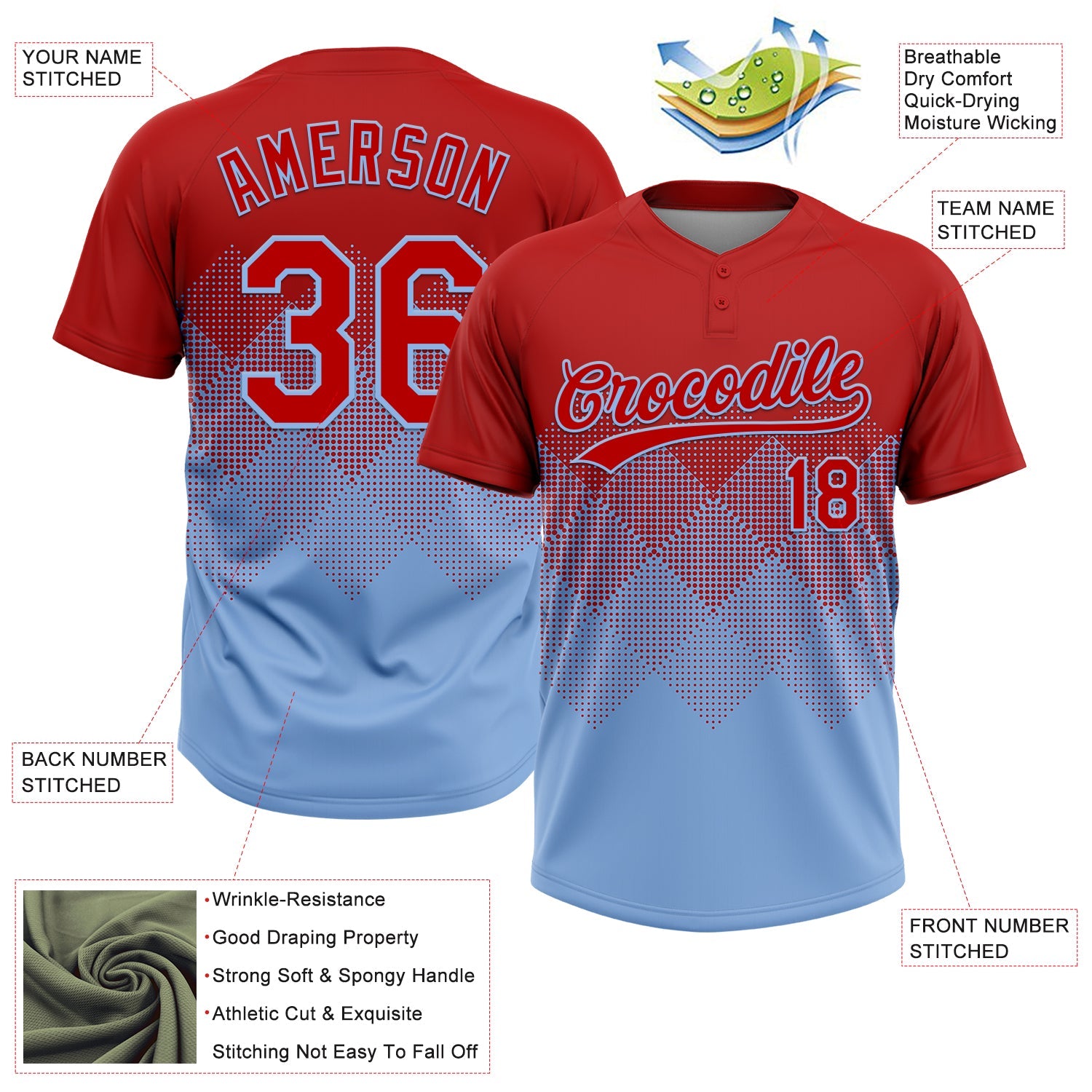 Custom Red Light Blue 3D Gradient Square Shape Two-Button Unisex Softball Jersey view 3