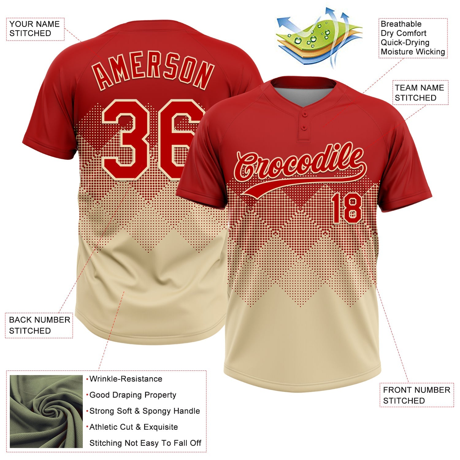 Custom Red Cream 3D Gradient Square Shape Two-Button Unisex Softball Jersey view 3