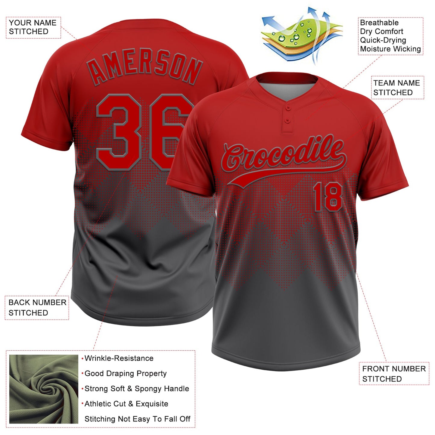 Custom Red Steel Gray 3D Gradient Square Shape Two-Button Unisex Softball Jersey view 3