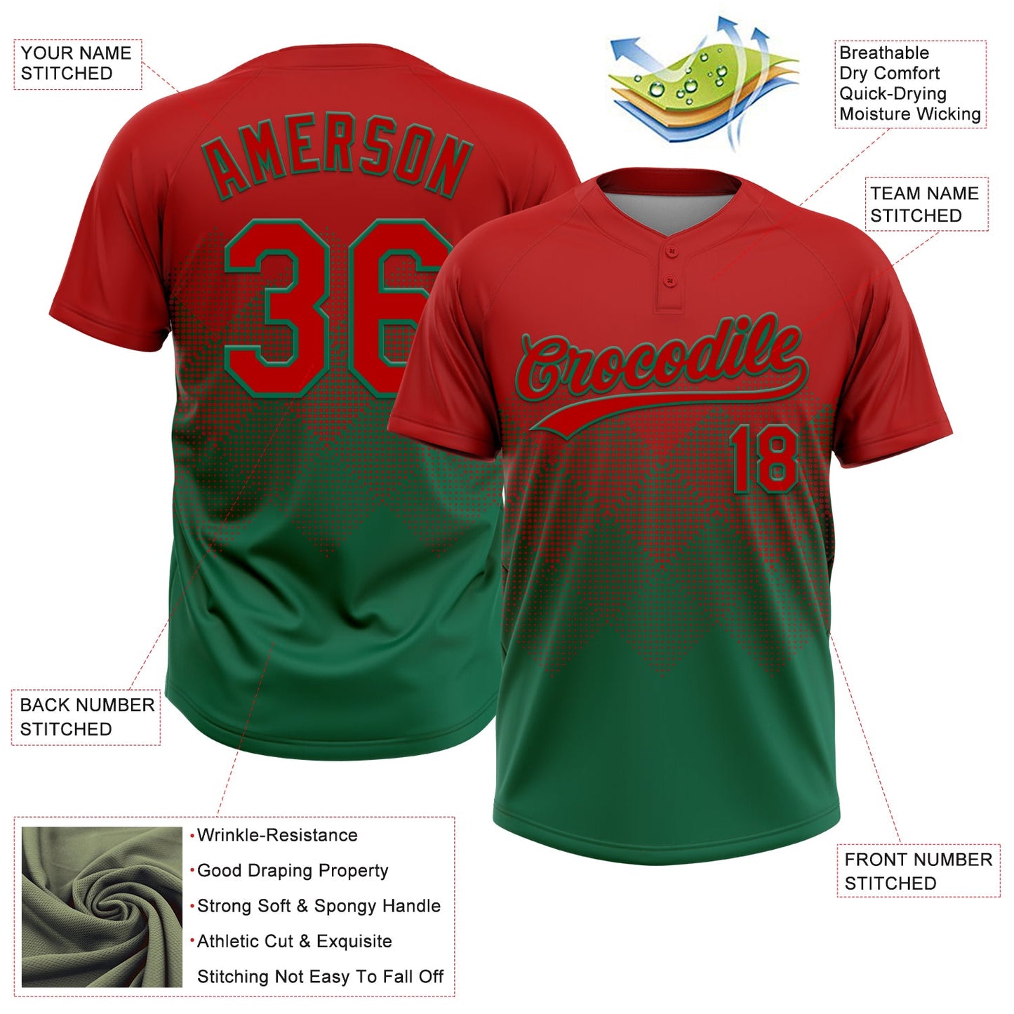 Custom Red Kelly Green 3D Gradient Square Shape Two-Button Unisex Softball Jersey view 3