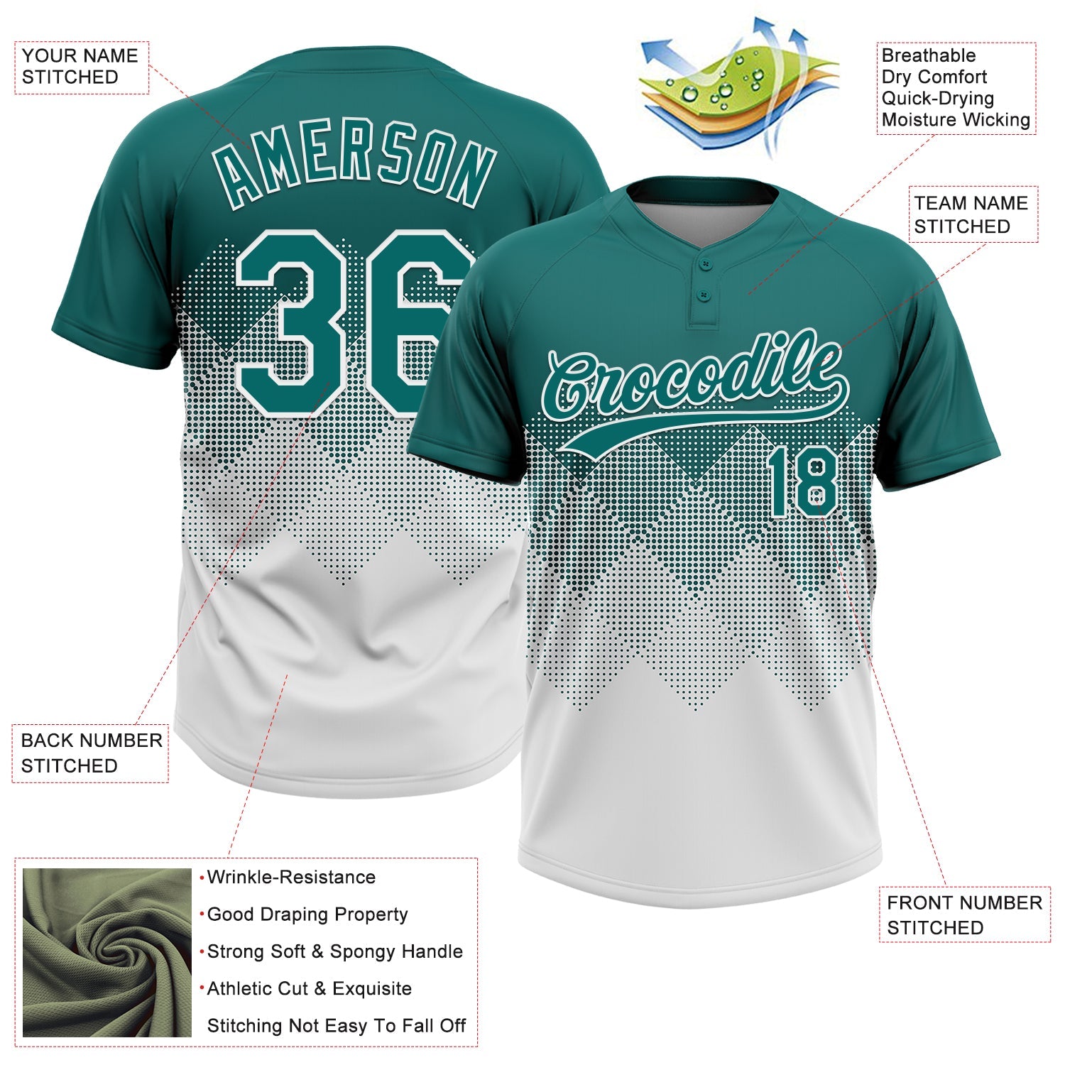 Custom Teal White 3D Gradient Square Shape Two-Button Unisex Softball Jersey view 3