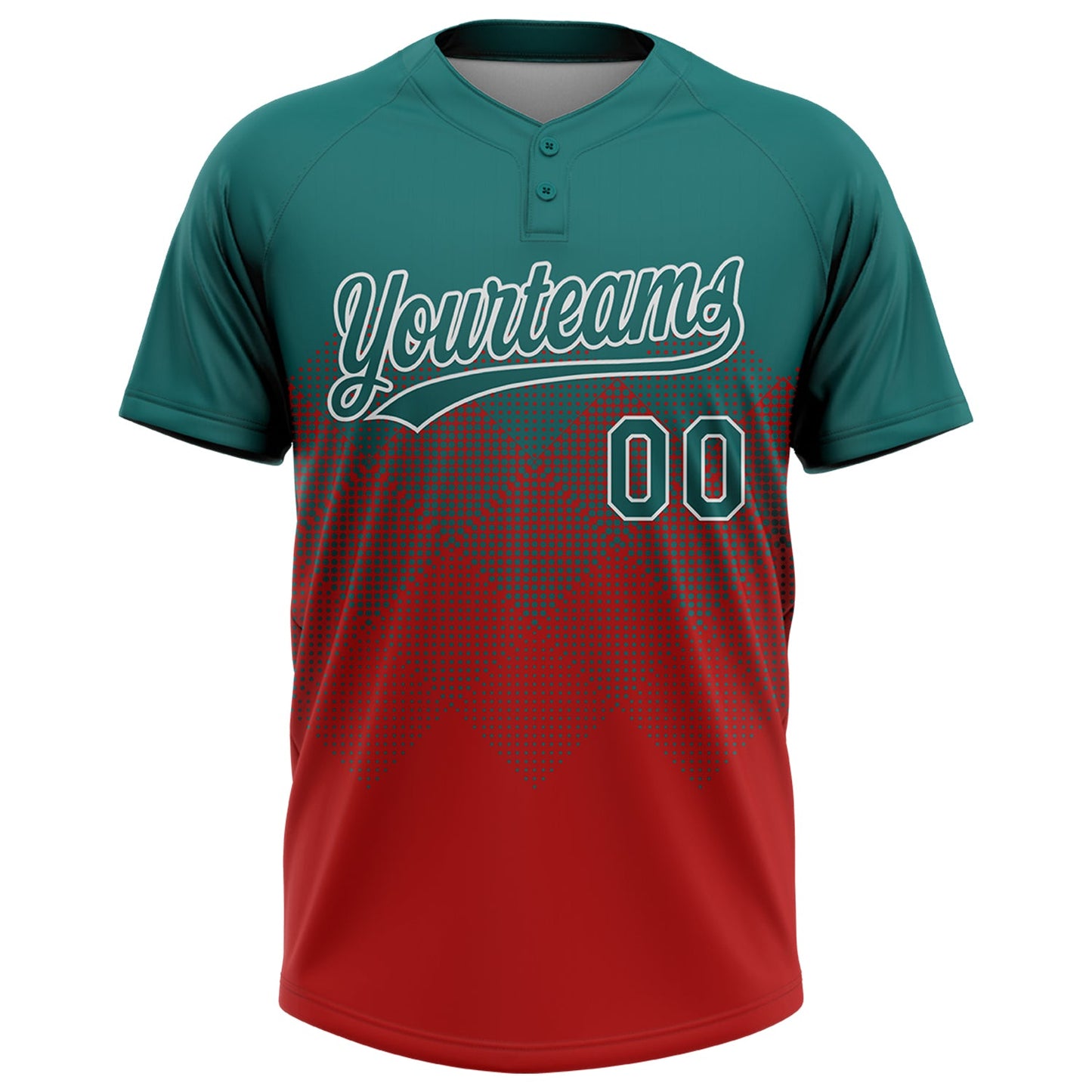 Custom Teal Red-White 3D Gradient Square Shape Two-Button Unisex Softball Jersey view 2