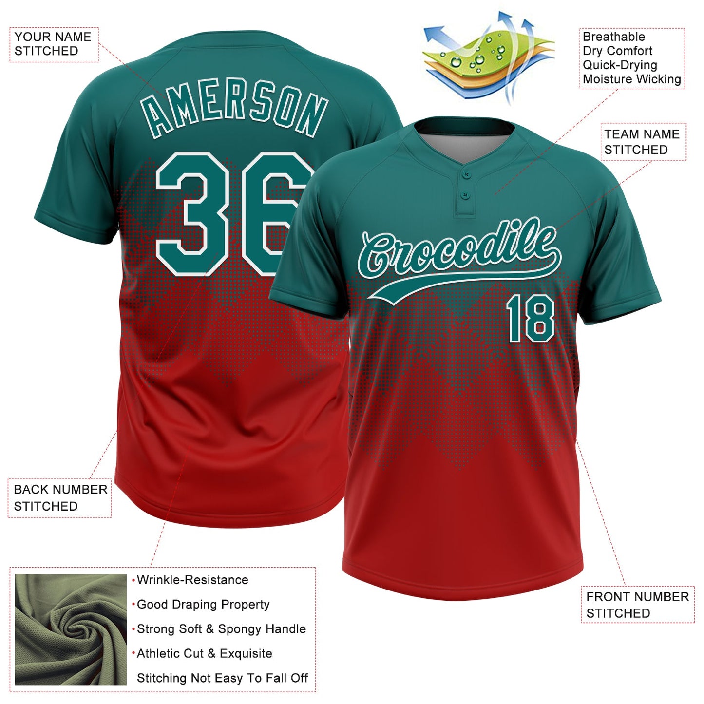 Custom Teal Red-White 3D Gradient Square Shape Two-Button Unisex Softball Jersey view 3