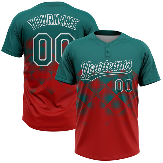 Custom Teal Red-White 3D Gradient Square Shape Two-Button Unisex Softball Jersey - Main View