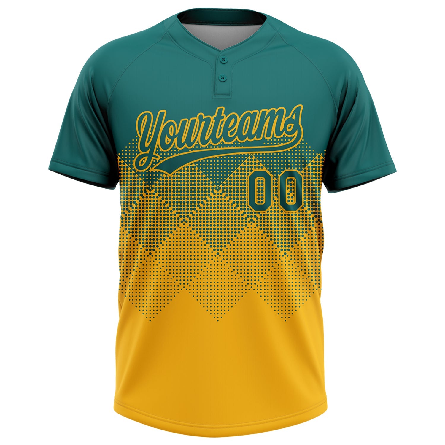 Custom Teal Gold 3D Gradient Square Shape Two-Button Unisex Softball Jersey view 2