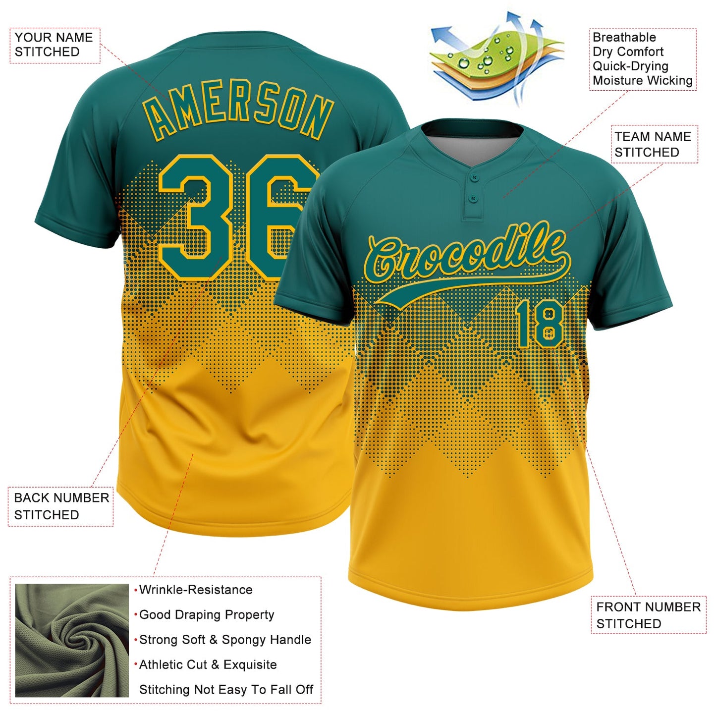 Custom Teal Gold 3D Gradient Square Shape Two-Button Unisex Softball Jersey view 3