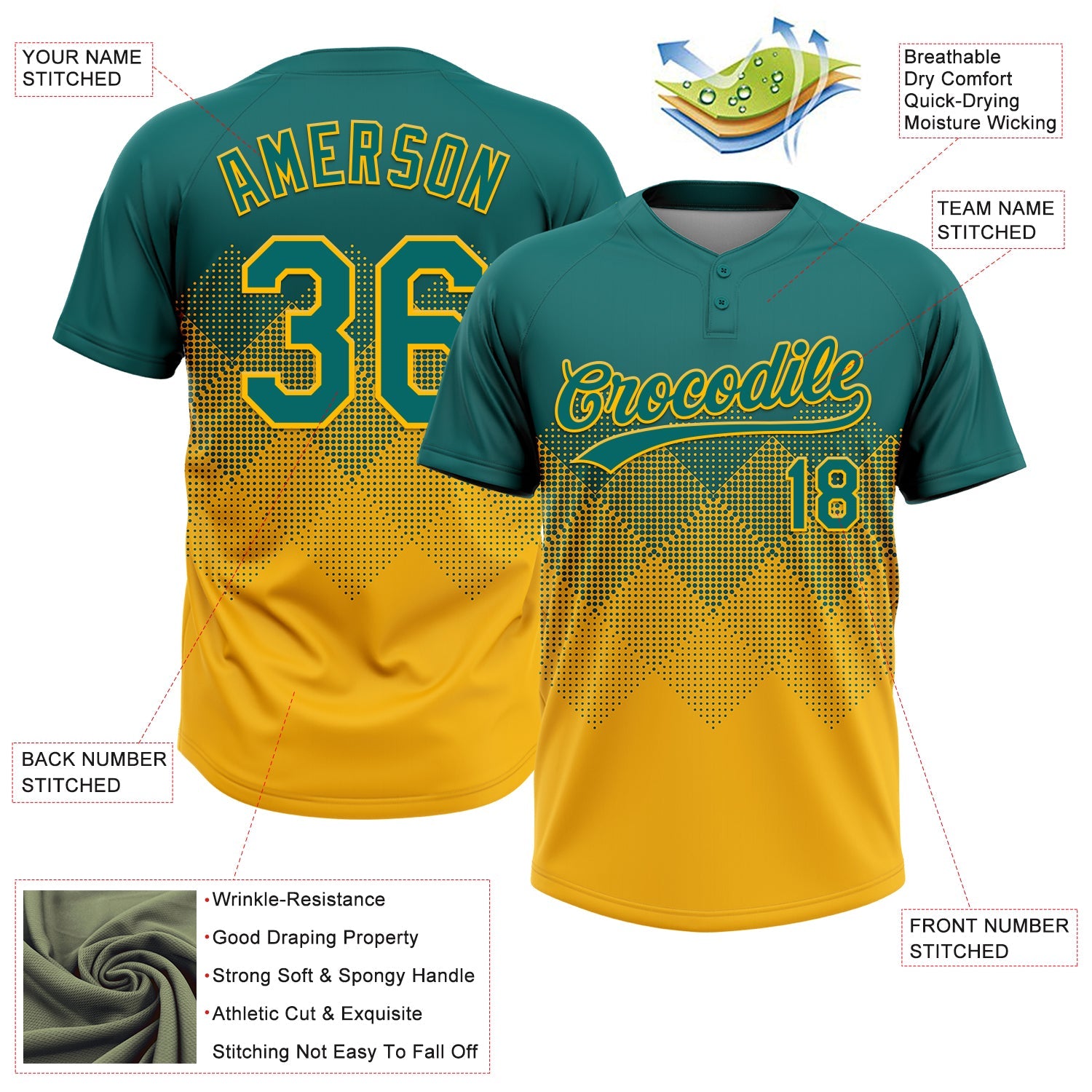 Custom Teal Gold 3D Gradient Square Shape Two-Button Unisex Softball Jersey view 3