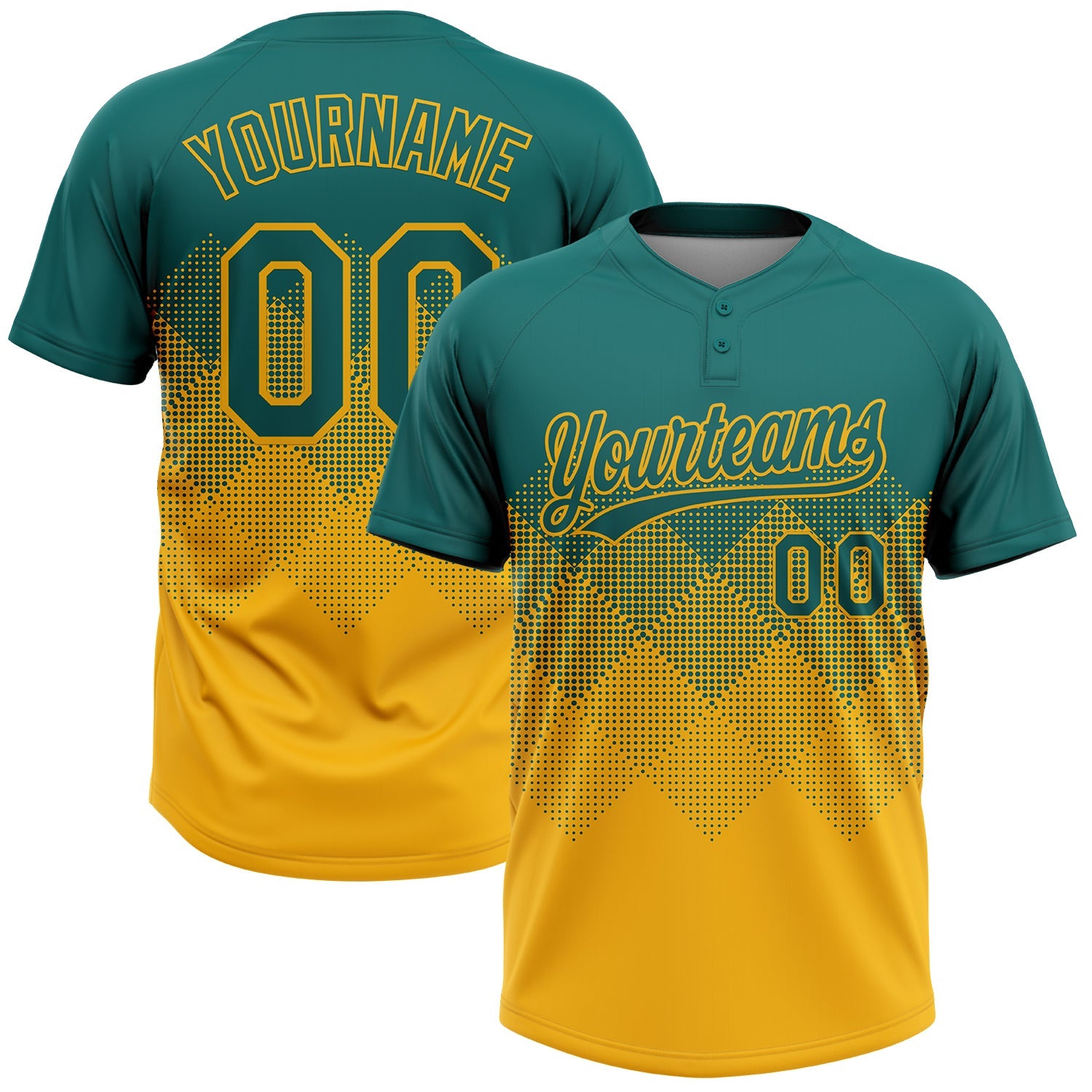 Custom Teal Gold 3D Gradient Square Shape Two-Button Unisex Softball Jersey - Main View