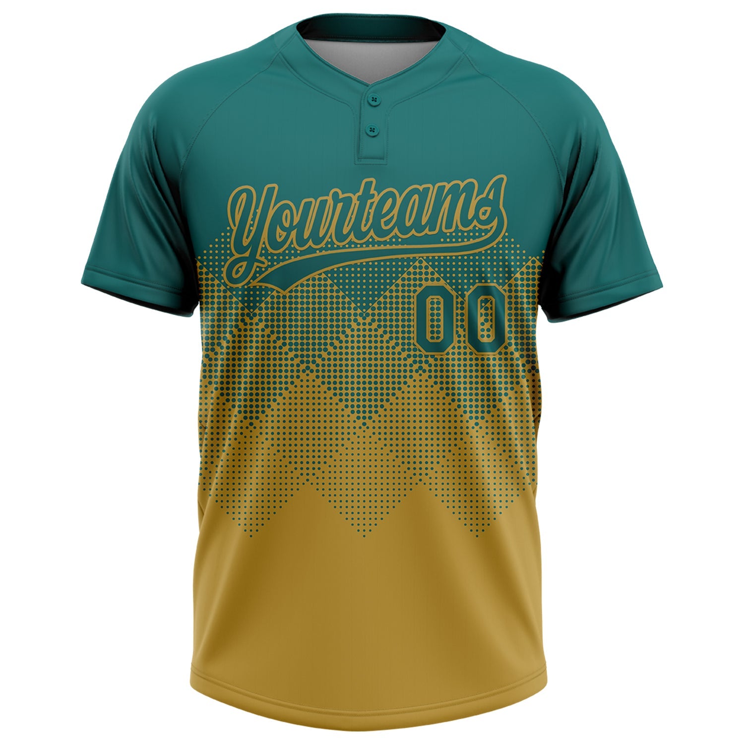 Custom Teal Old Gold 3D Gradient Square Shape Two-Button Unisex Softball Jersey view 2