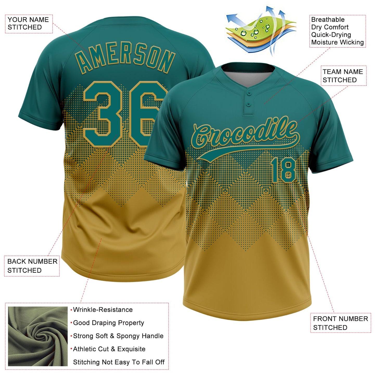 Custom Teal Old Gold 3D Gradient Square Shape Two-Button Unisex Softball Jersey view 3