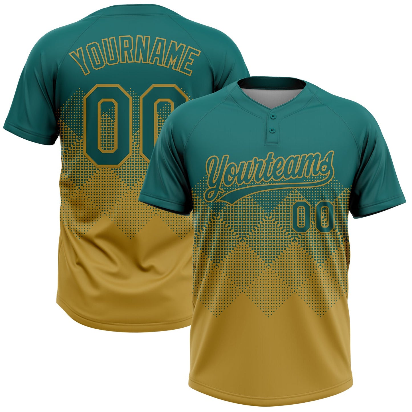 Custom Teal Old Gold 3D Gradient Square Shape Two-Button Unisex Softball Jersey - Main View