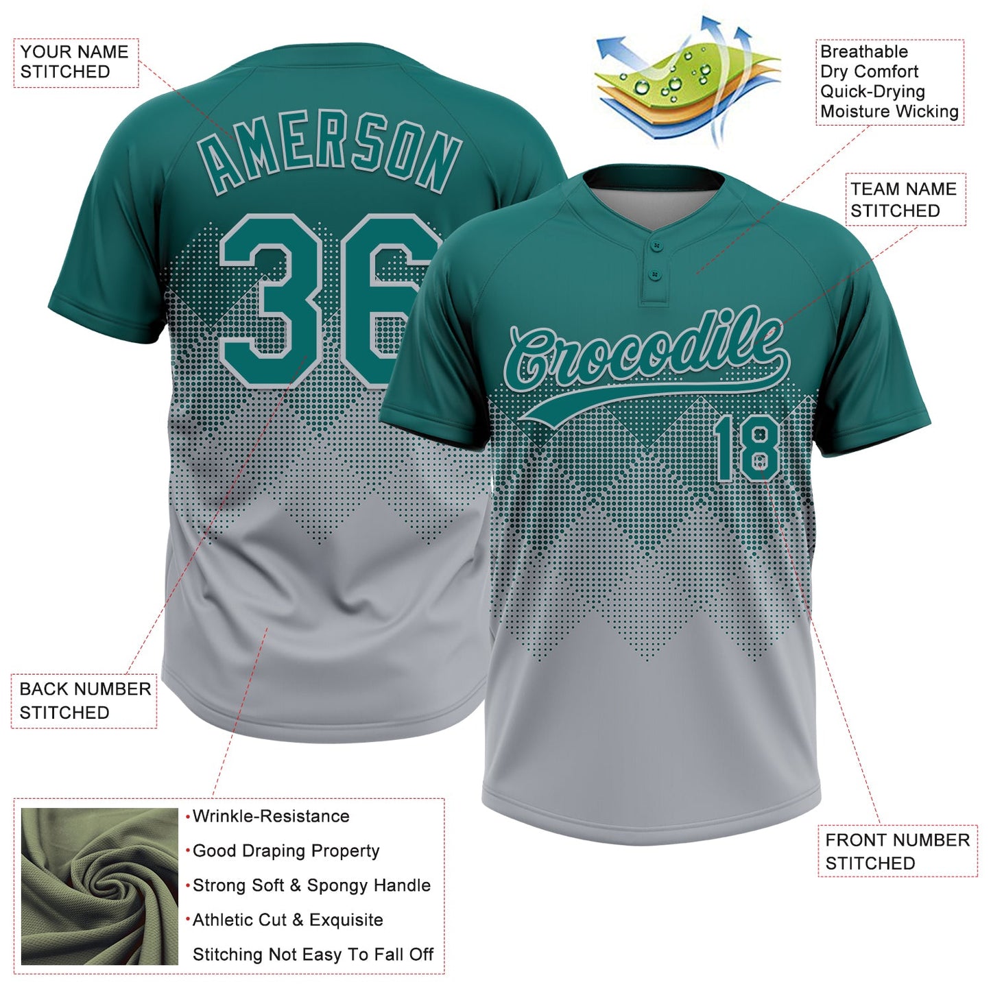 Custom Teal Gray 3D Gradient Square Shape Two-Button Unisex Softball Jersey view 3