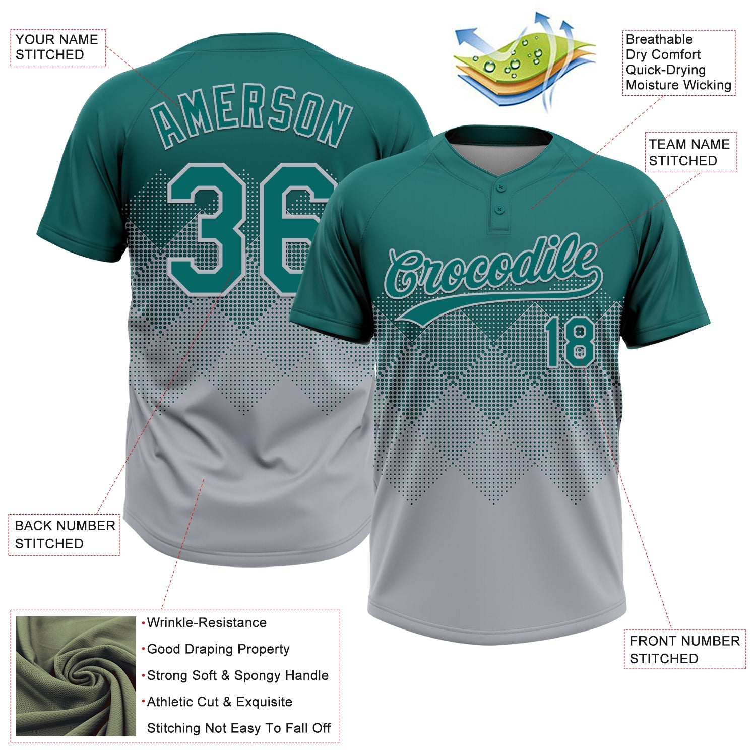 Custom Teal Gray 3D Gradient Square Shape Two-Button Unisex Softball Jersey view 3