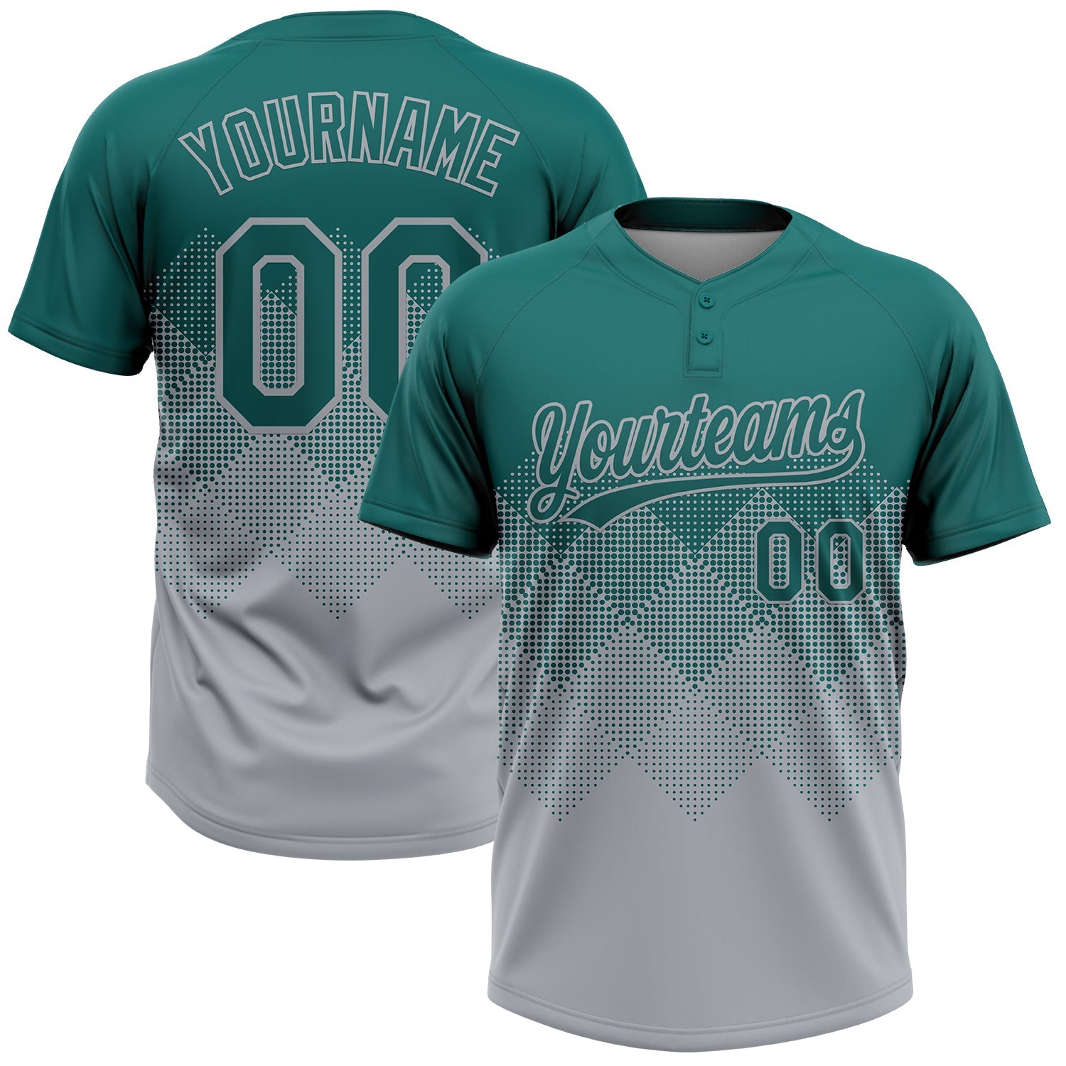 Custom Teal Gray 3D Gradient Square Shape Two-Button Unisex Softball Jersey - Main View