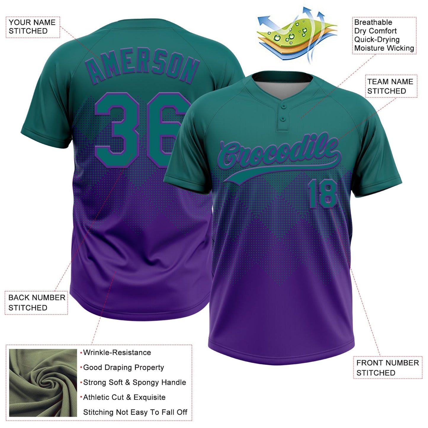 Custom Teal Purple 3D Gradient Square Shape Two-Button Unisex Softball Jersey view 3