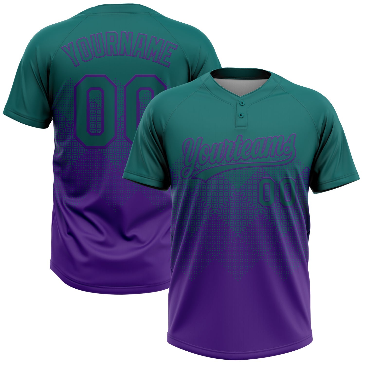 Custom Teal Purple 3D Gradient Square Shape Two-Button Unisex Softball Jersey - Main View