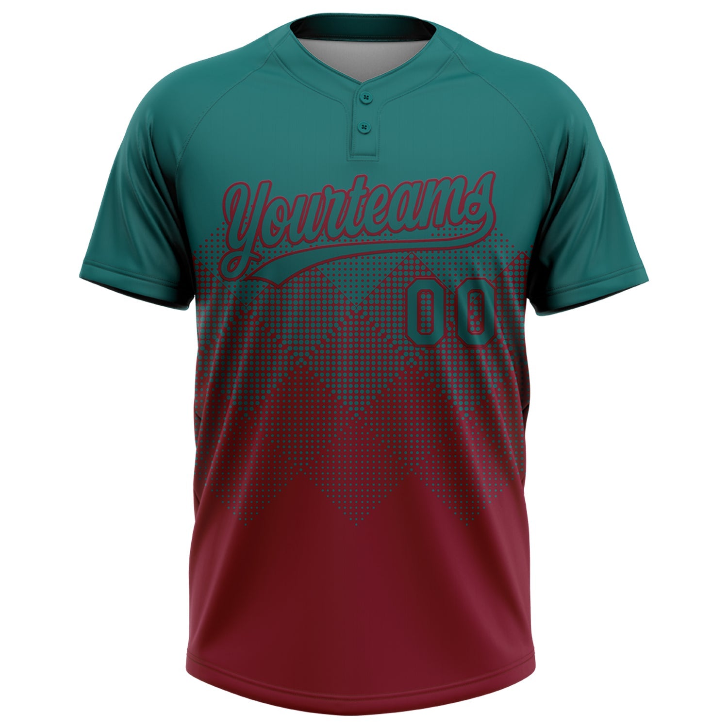 Custom Teal Crimson 3D Gradient Square Shape Two-Button Unisex Softball Jersey view 2