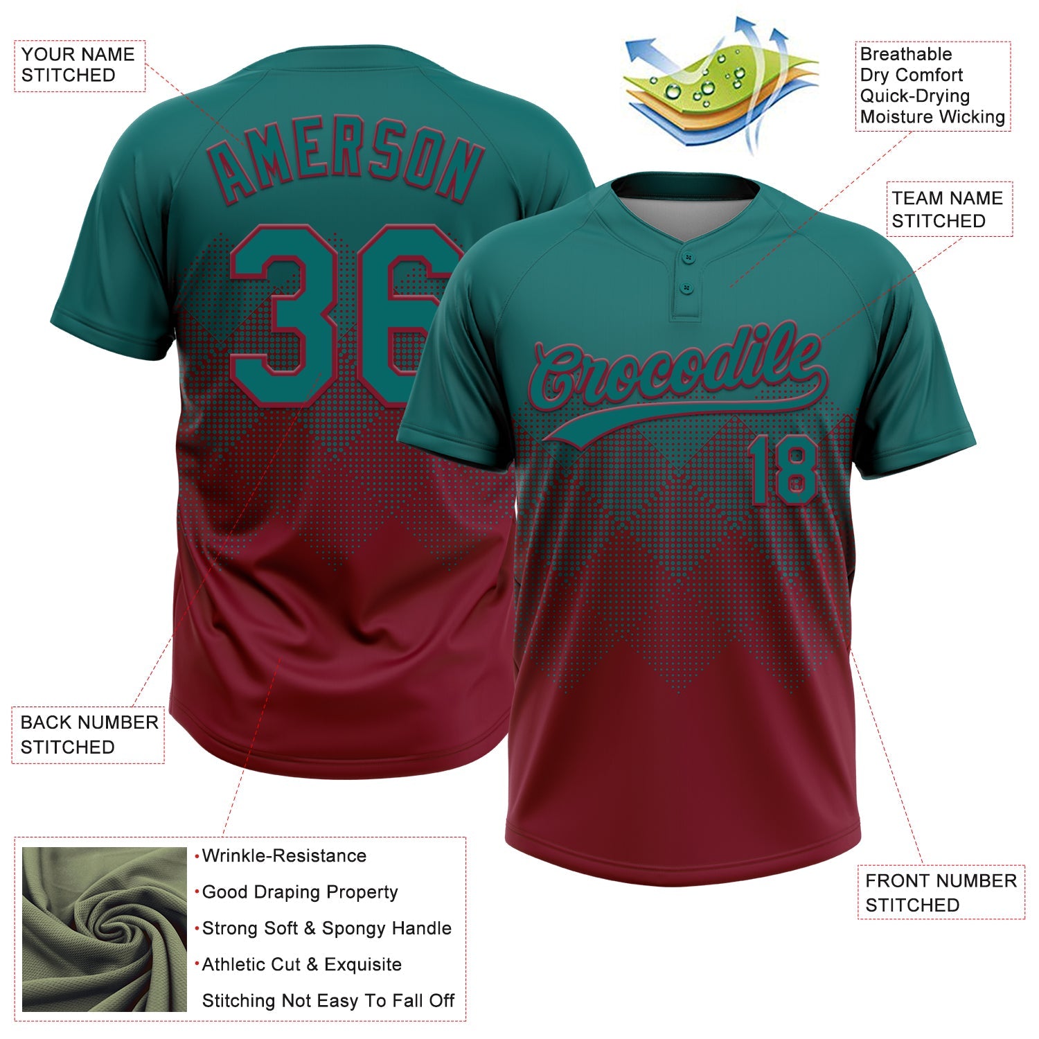 Custom Teal Crimson 3D Gradient Square Shape Two-Button Unisex Softball Jersey view 3