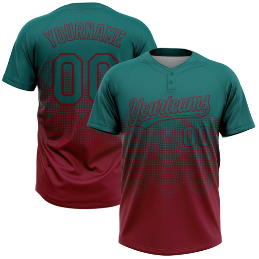 Custom Teal Crimson 3D Gradient Square Shape Two-Button Unisex Softball Jersey - Main View