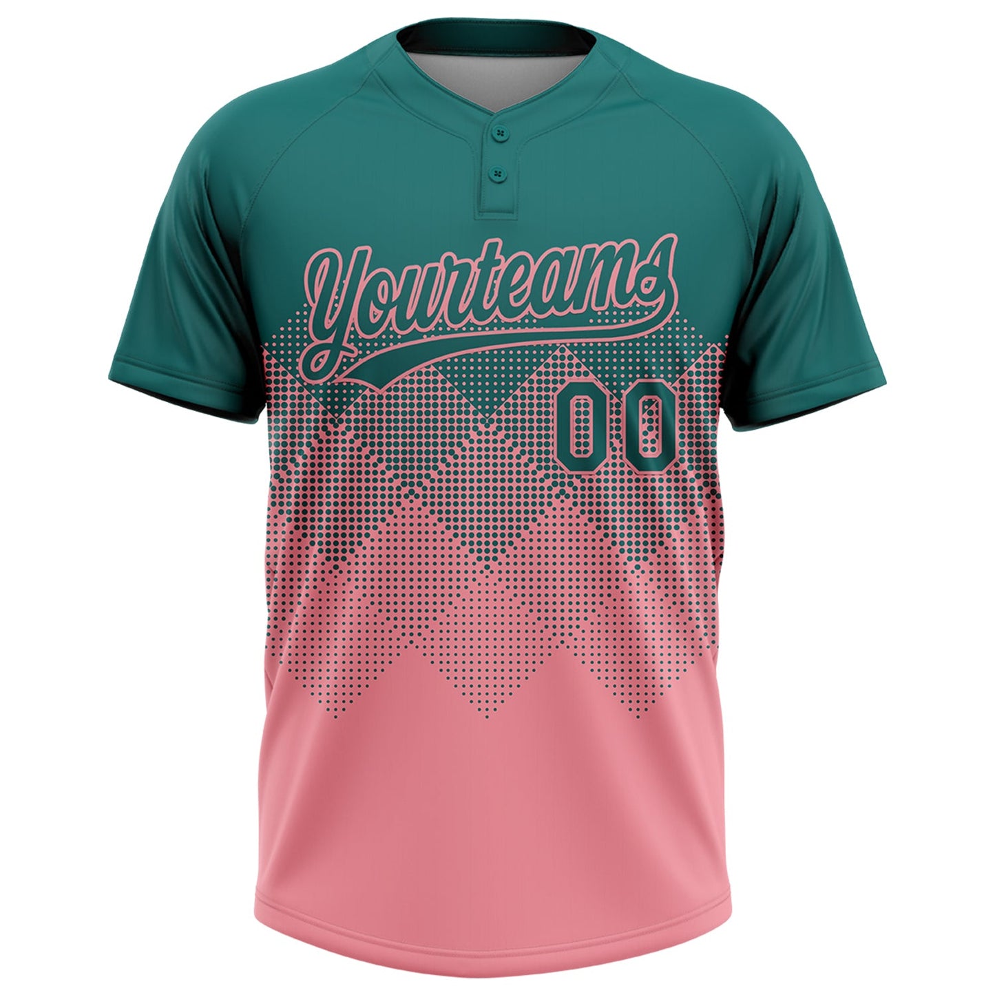 Custom Teal Medium Pink 3D Gradient Square Shape Two-Button Unisex Softball Jersey view 2