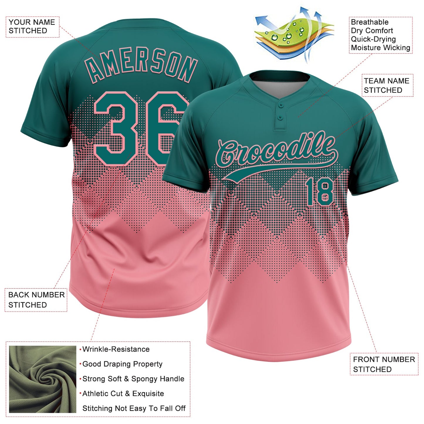 Custom Teal Medium Pink 3D Gradient Square Shape Two-Button Unisex Softball Jersey view 3