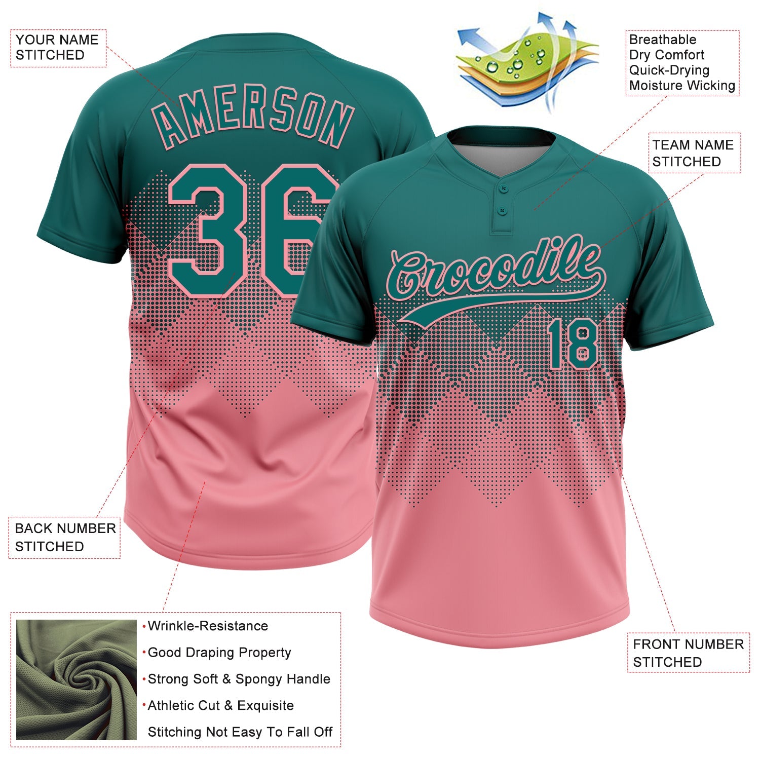 Custom Teal Medium Pink 3D Gradient Square Shape Two-Button Unisex Softball Jersey view 3