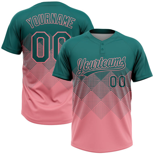 Custom Teal Medium Pink 3D Gradient Square Shape Two-Button Unisex Softball Jersey - Main View
