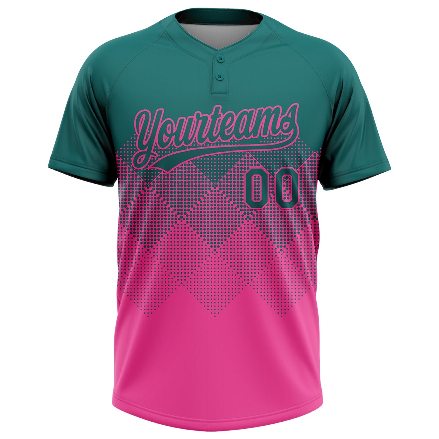 Custom Teal Pink 3D Gradient Square Shape Two-Button Unisex Softball Jersey view 2