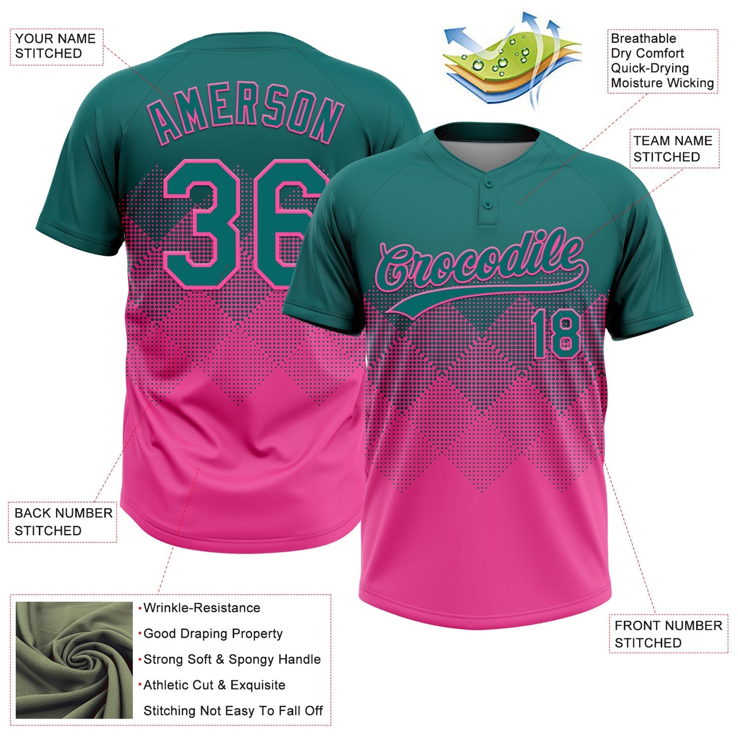 Custom Teal Pink 3D Gradient Square Shape Two-Button Unisex Softball Jersey view 3